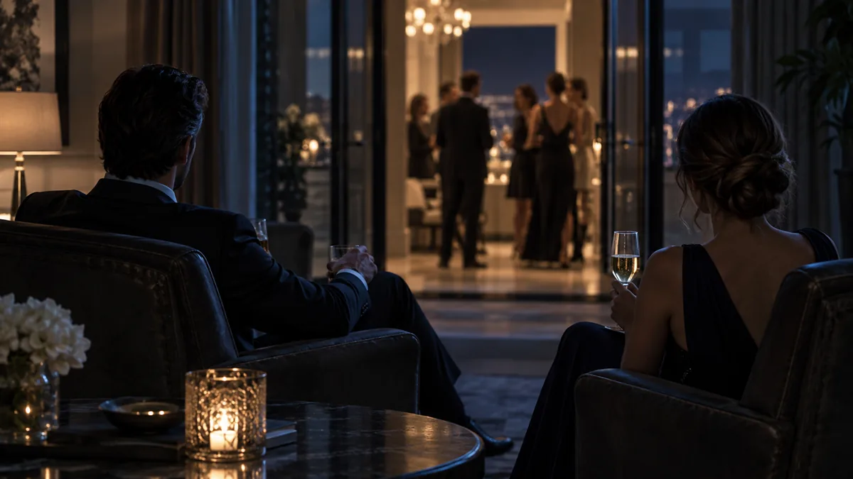 An adult couple watching from an armchair in the shadows toward a lit doorway