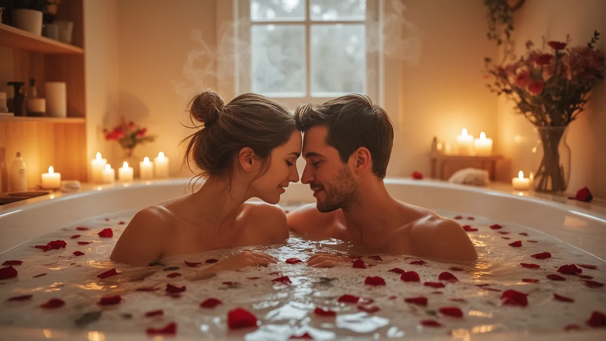 A tender photograph of a couple in a warm bath with candles and rose petals, soft lighting, intimate and gentle atmosphere, steam rising, peaceful and loving mood.