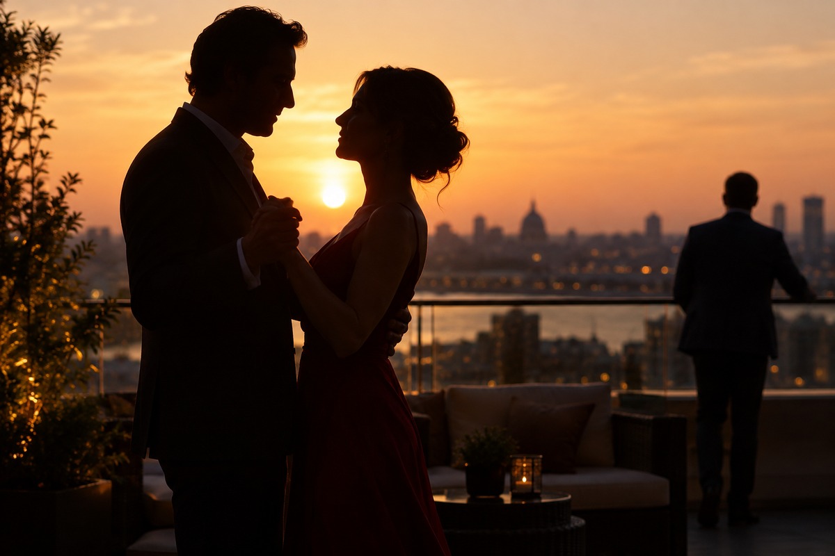 Silhouetted slow dance on a rooftop at golden hour, a hotwife dares chemistry round