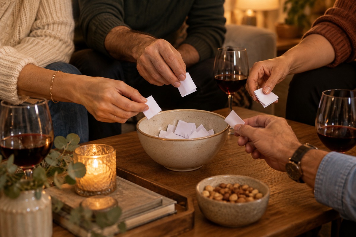 Four adults' hands around a bowl of folded question slips, a hotwife dares round for two couples