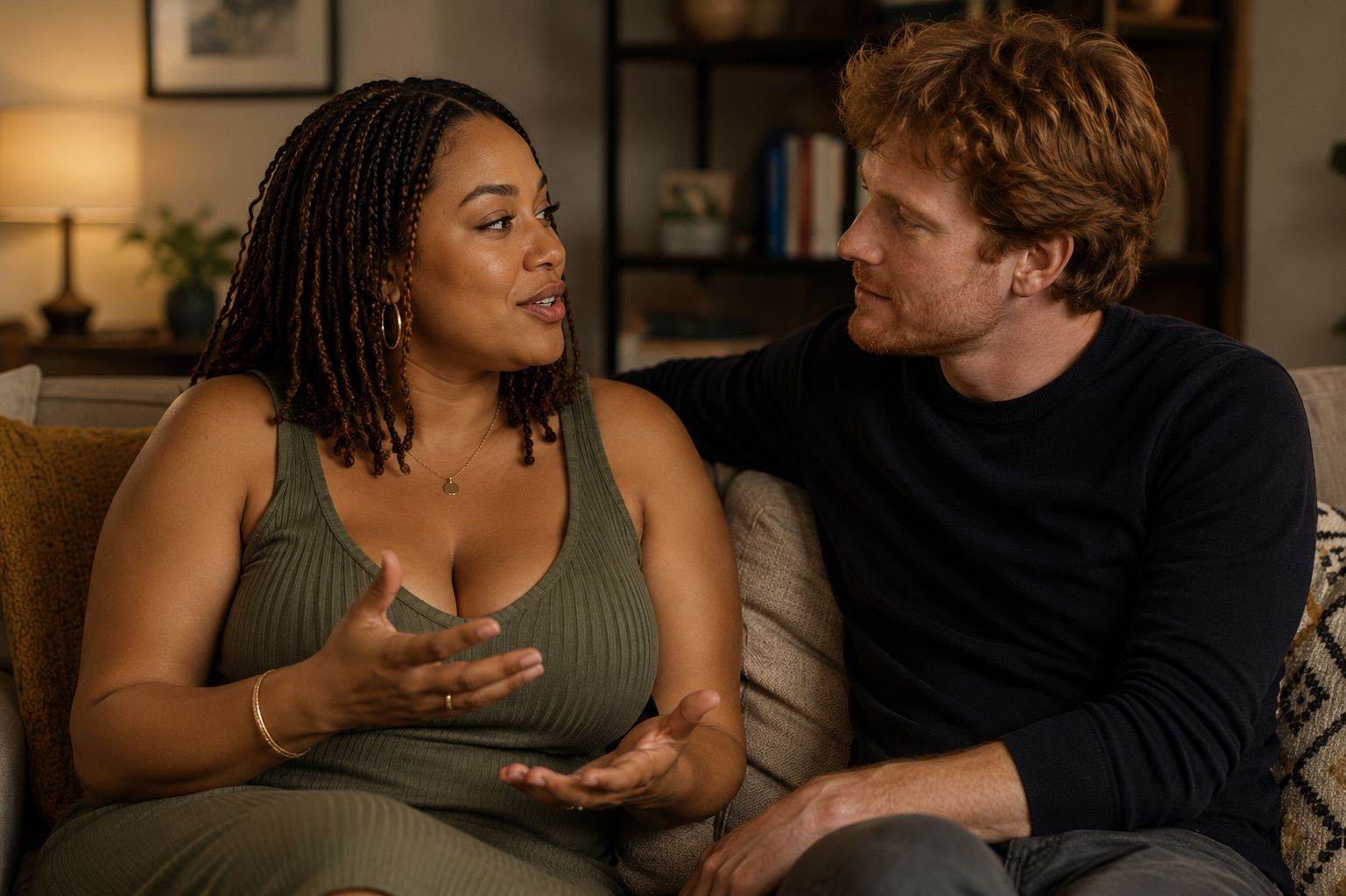 A couple in conversation at a table, illustrating the emotional communication and shared exploration central to hotwife lifestyle psychology