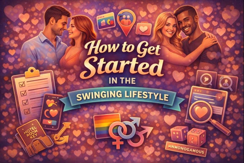 Illustration of two couples with icons of hearts, checklists, hotel keys, dice, and gender symbols, plus the text "How to Get Started in the Swinging Lifestyle"-perfect for those new to swinging or looking for swinging basics.