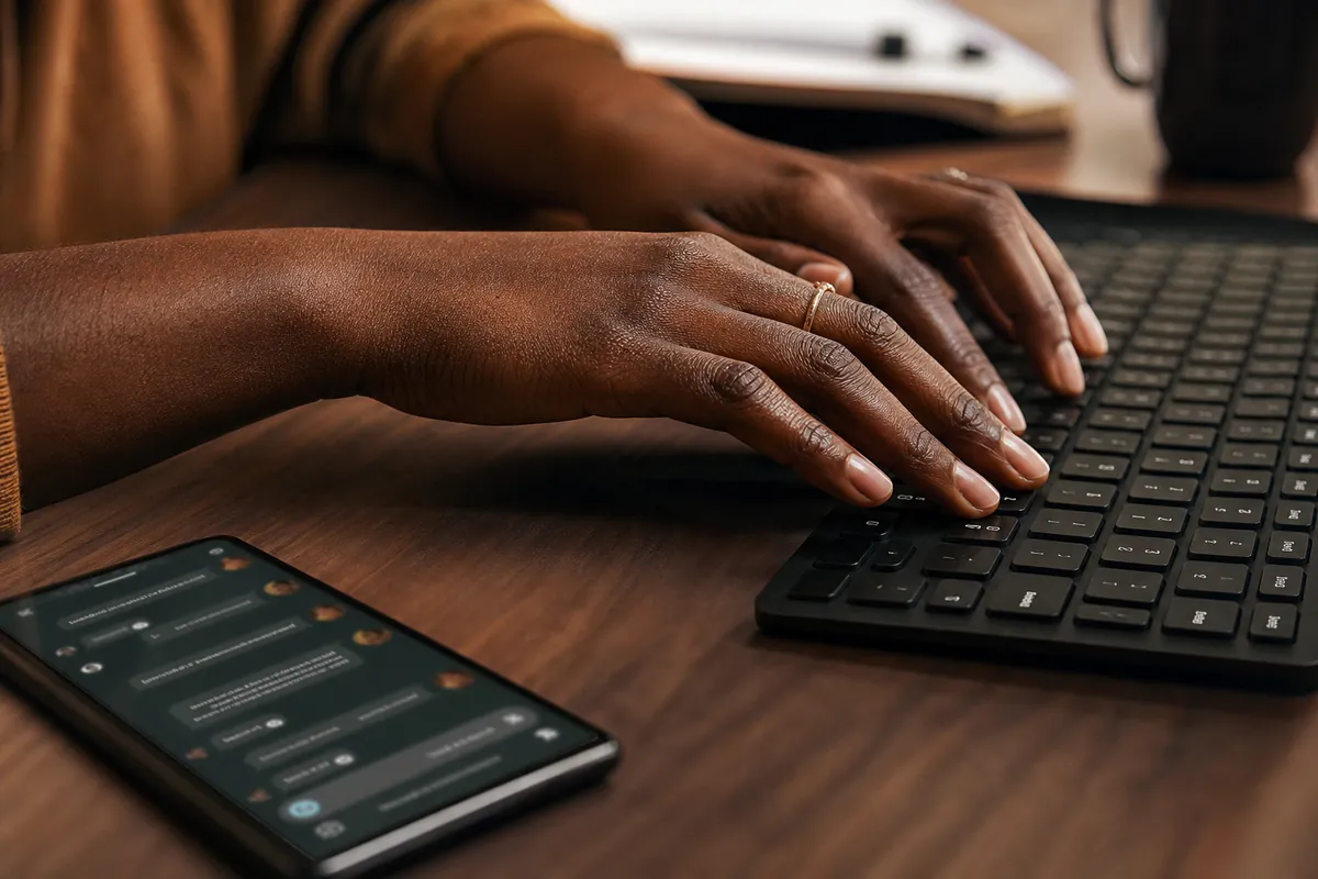 A couple composing a thoughtful first message in response to a swinger ad, focused on tone and specificity for a better response rate