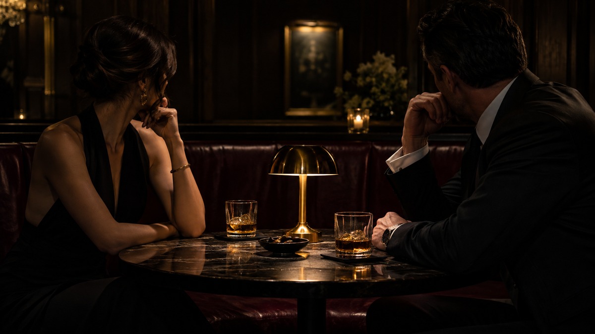 Couple in bold evening wear in a dark bar booth, high contrast lighting, comparing lifestyle arrangements