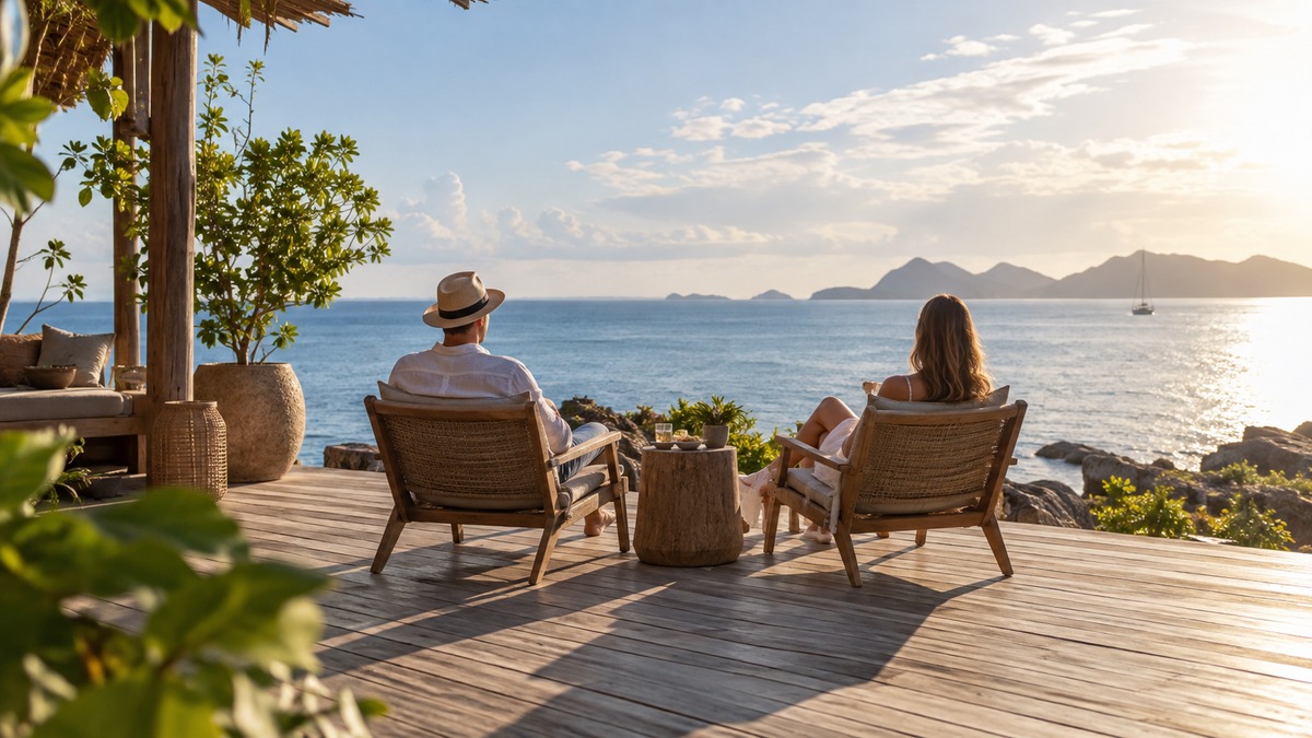 Couple relaxed on a sunlit beach deck, the long unhurried timeline of an open conversation