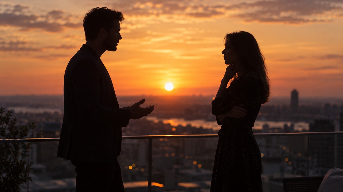 Couple talking in profile on a rooftop at golden hour, hearing the same words differently