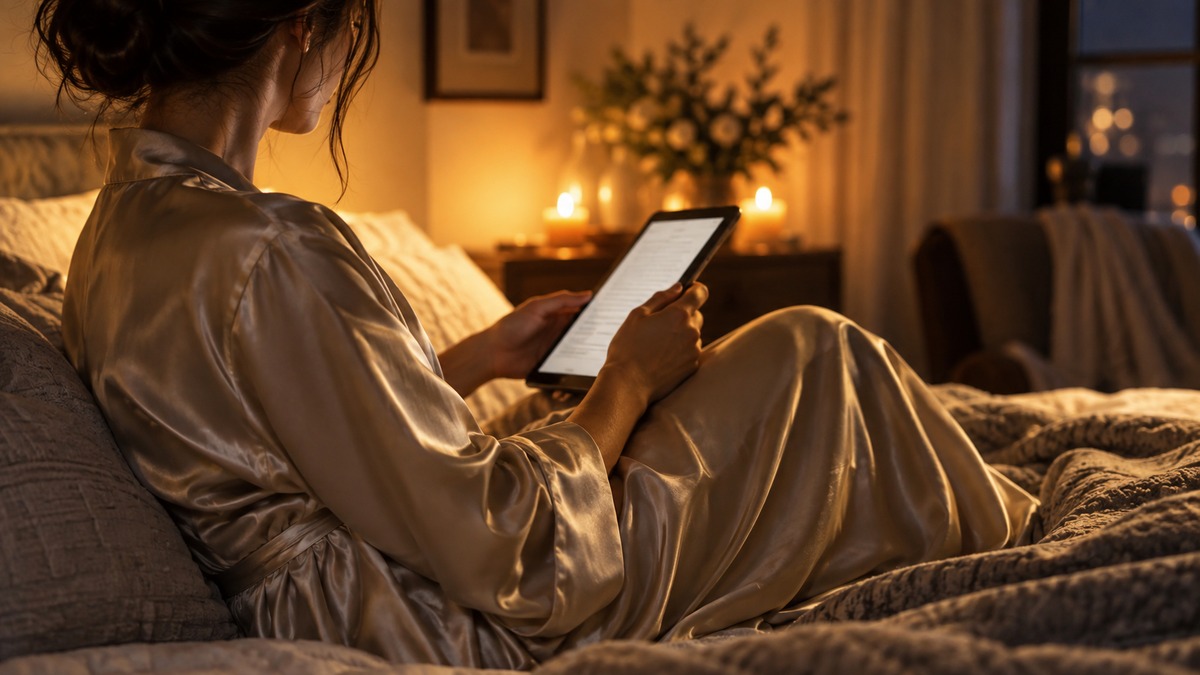 Woman alone in a candlelit bedroom reading about the hotwife lifestyle at her own pace