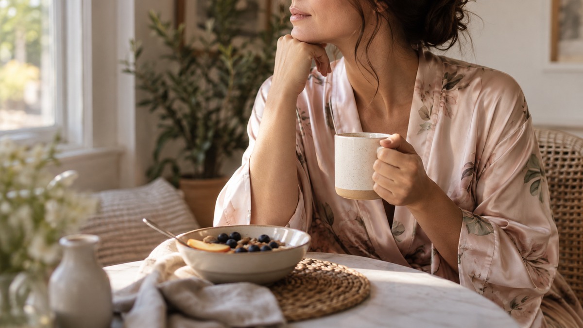 Woman in a robe alone at a breakfast nook in soft morning light, thinking over the hotwife idea on her own terms