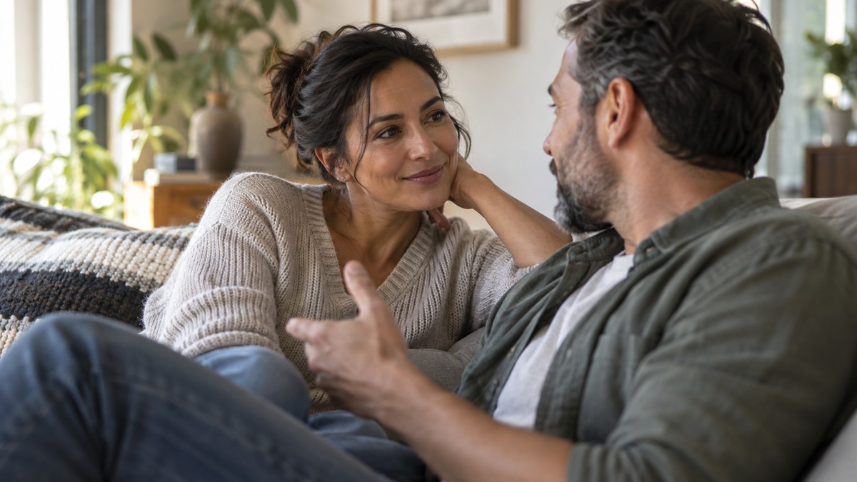 Couple sitting close on a home couch in soft daylight, talking quietly about hotwifing without pressure