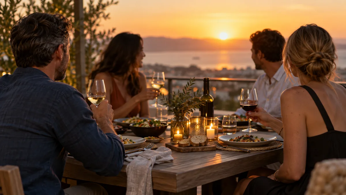 Two adult couples share dinner on a balcony at golden hour, laughing, plates and wine glasses on the table
