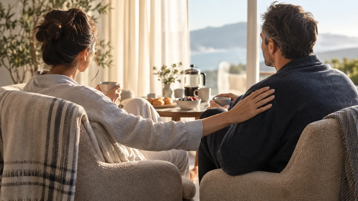 An adult couple sits on a bed in loungewear, her hand on his back as they talk quietly, morning light through curtains