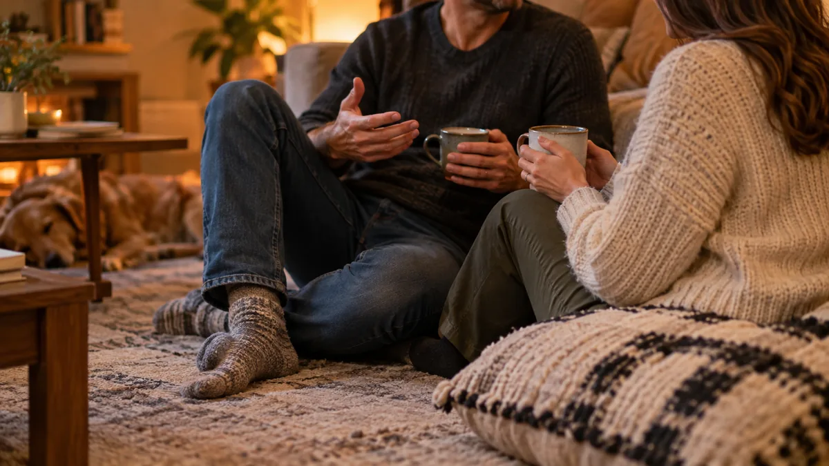 An adult couple sits on the floor of a cozy living room with tea, leaning against the couch, talking calmly