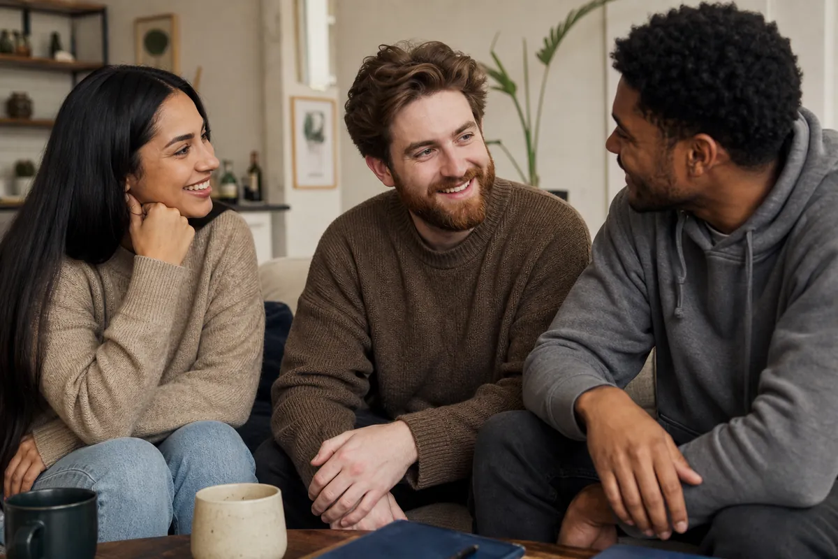A couple discusses intimate experiences in a comfortable setting, representing communication and planning for MFM threesome dynamics.