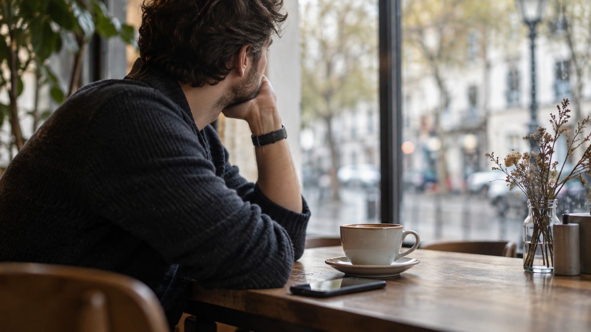 Man alone at a cafe table in soft daylight, working through the first weeks after the question