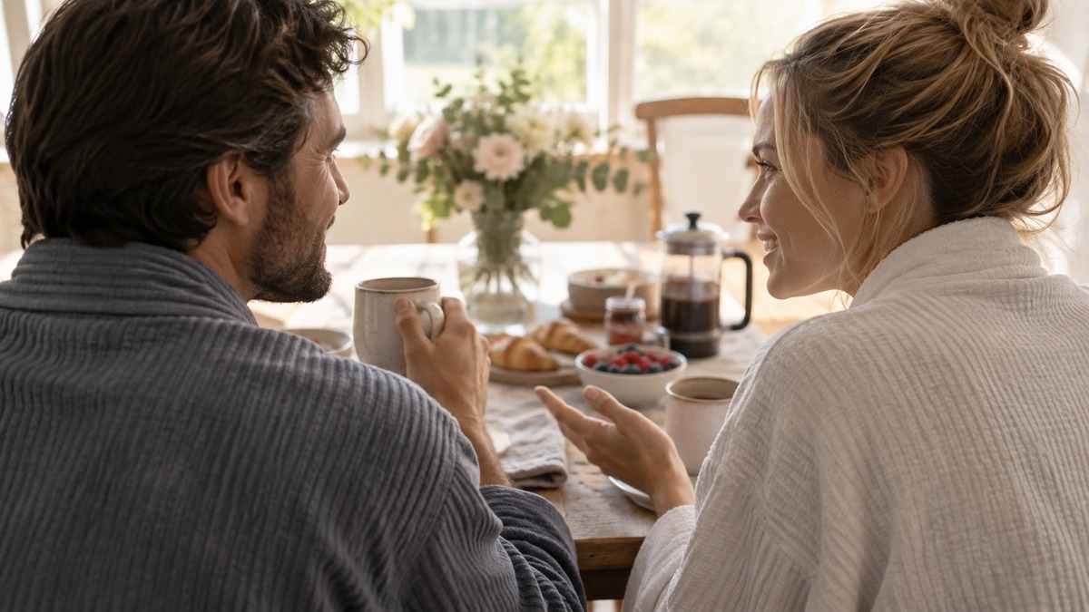 Couple talking over breakfast in soft morning light, finding middle ground that is not agreement