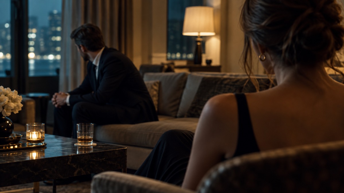 Couple in a dimly lit hotel room over the shoulder, a conversation that is really about something else
