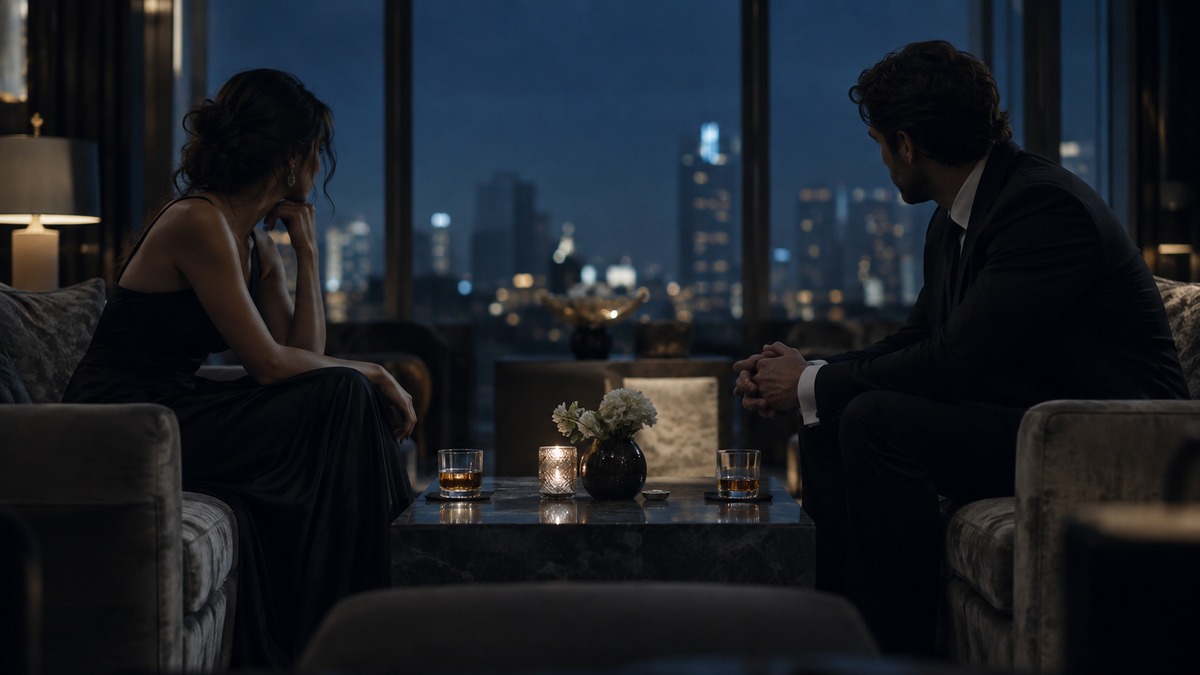 Couple seated symmetrically in a cool blue lounge at evening, a serious conversation with no conclusion yet
