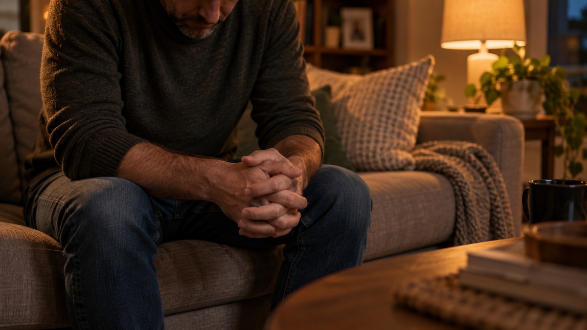 Man sitting alone in a lamplit living room, hands clasped, thinking after his wife asked for an open marriage