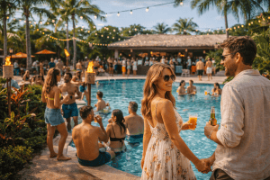 People gather around and in a pool at an outdoor party at Secrets Hideaway Orlando, with string lights, tropical plants, and drinks, while a couple in summer outfits holds hands in the foreground.