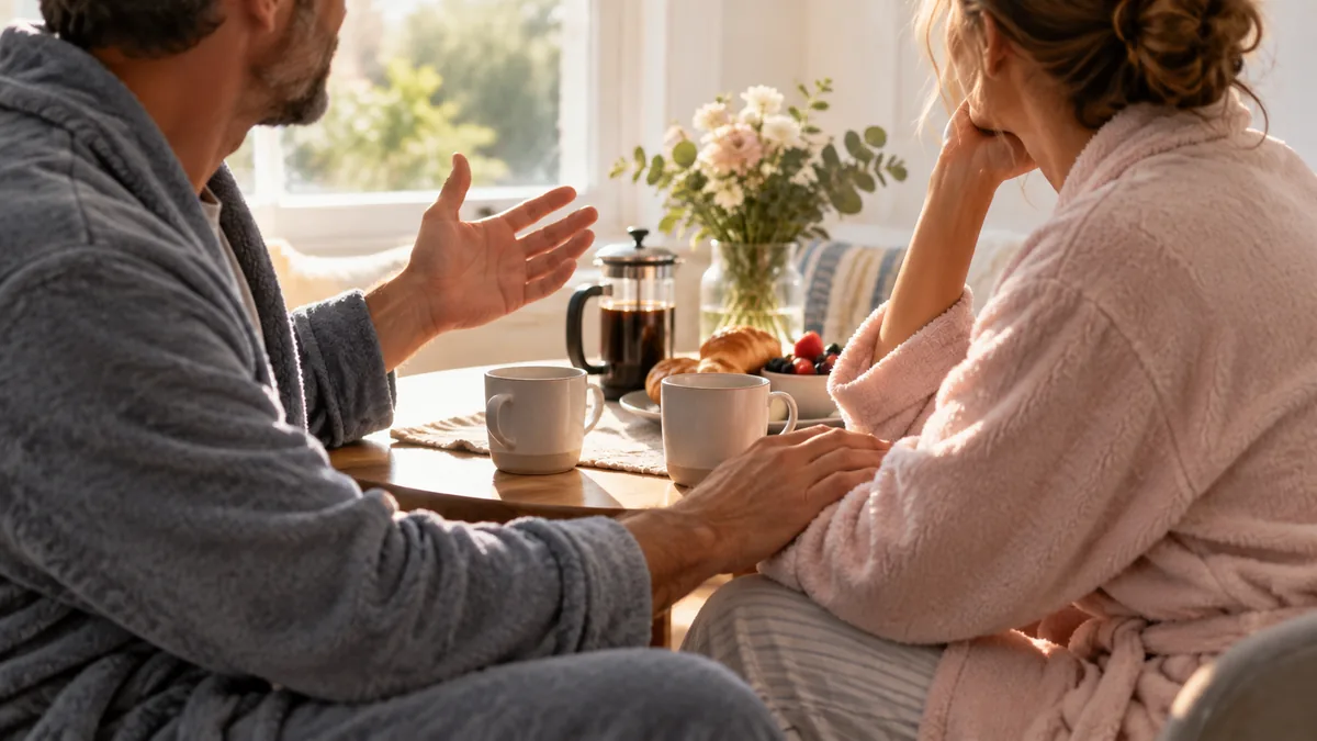 An adult couple sits at a breakfast nook in robes with coffee, one talking while the other listens with a hand on her arm