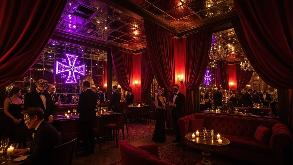 A dramatic photograph of an underground BDSM club with an elegant masked woman in silver mask and leather harness on St. Andrew's Cross, crowd watching, moody red and purple lighting, mirrored walls, sophisticated atmosphere.