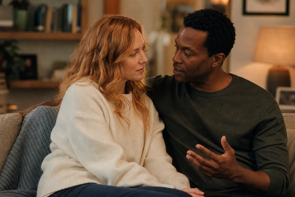 Couple sitting together quietly in calm conversation after an emotionally difficult evening, representing recovery and communication