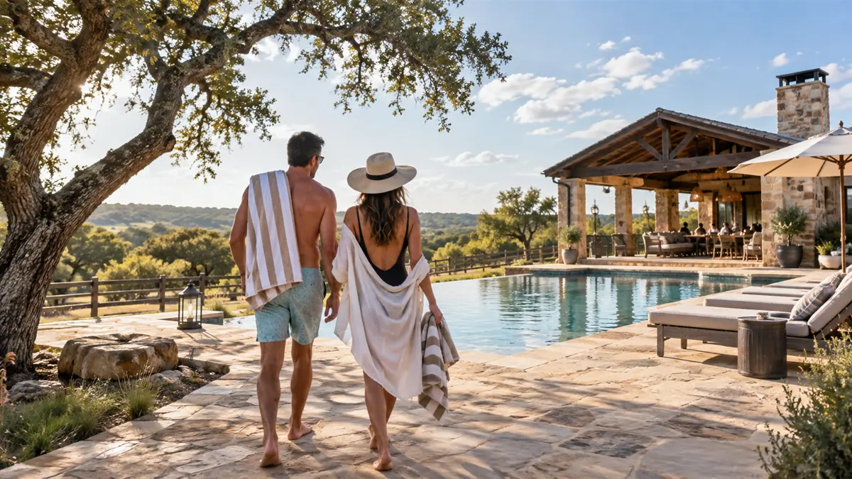 An adult couple in swimwear and cover-ups walking toward a ranch-style pool pavilion under big North Texas sky, cedar fences and live oaks, towels over...