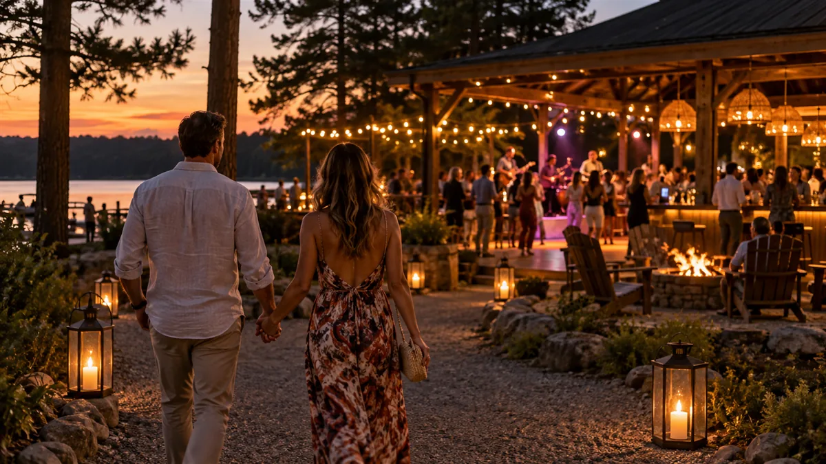 An adult couple in resort casual crossing a lantern-lit campground lane toward a lively open-air bar and dance floor at dusk, Wisconsin pines behind