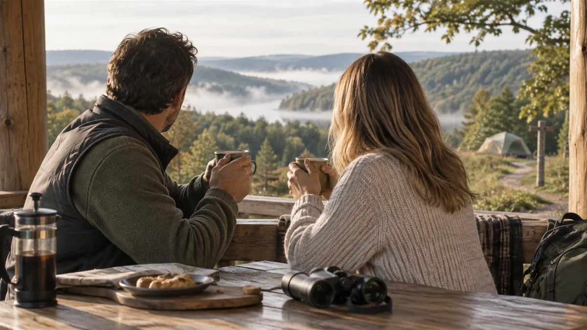 An adult couple in casual smart layers at a wooden pavilion table among oak and cedar hills, morning mist, a tent and hiking trail in soft focus