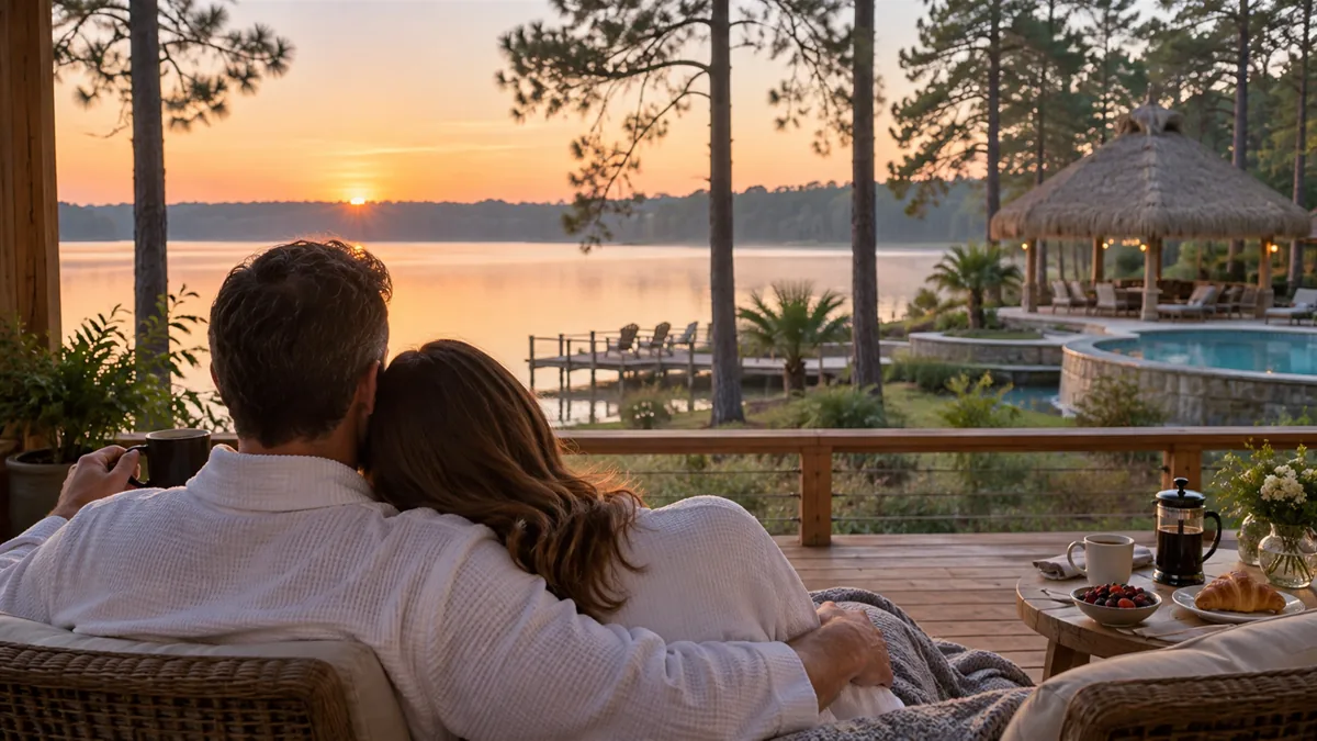 An adult couple in robes on a lakeside deck at sunrise, a calm ten-acre lake, palapa clubhouse and pool in the background, East Texas pines