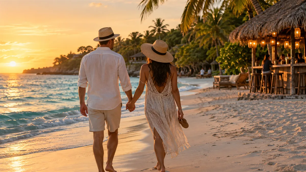 An adult couple in beach casual walking a white-sand beach at golden hour with seven-mile-beach turquoise water, a thatched beach bar and lush palms behind them