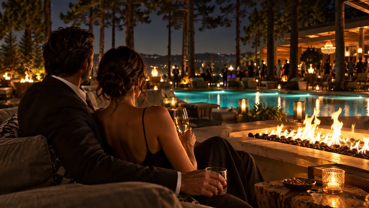 An adult couple in cocktail wear beside a firepit at a private members resort at night, a heated pool glowing behind them, tall Texas pines