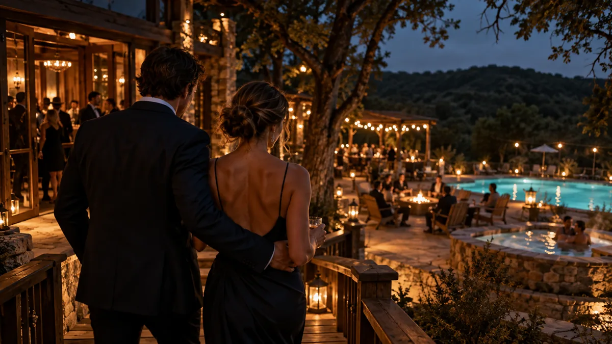 An adult couple in evening attire on the steps of a small country nightclub at a wooded resort, warm string lights, a hot tub and pool deck in the background
