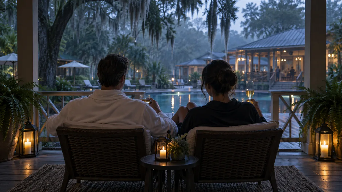 An adult couple in loungewear on a porch at a wooded nudist park, Spanish moss, a clubhouse and pool in soft focus, humid morning light
