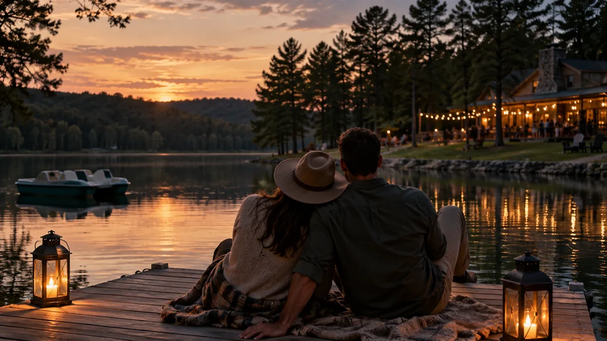 An adult couple in casual clothes on a small dock over a private two-acre lake, a paddle boat and pines, a community building in the distance