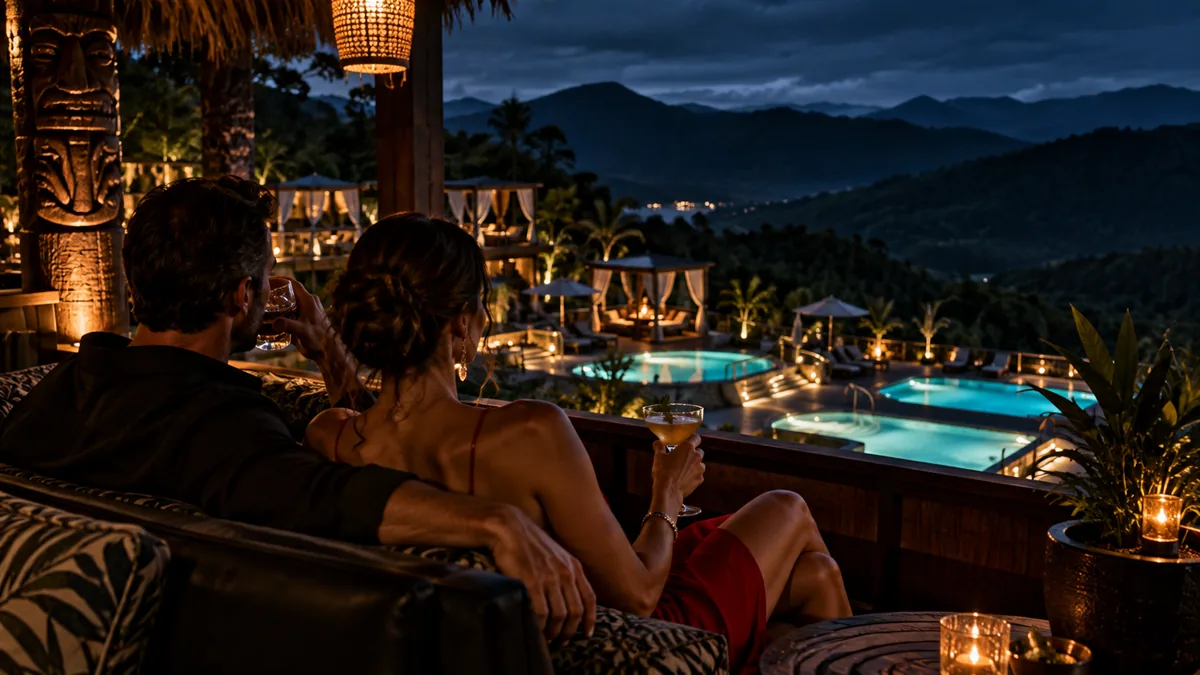 An adult couple in cocktail wear on a tiki bar deck overlooking three lit pools at night, North Georgia mountains in silhouette, cabana lights