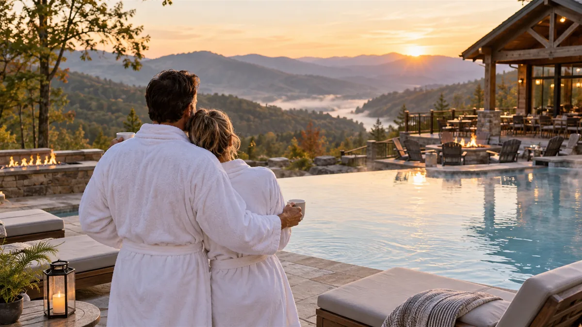 An adult couple in robes beside a heated pool at a clothing-optional camping resort, a clubhouse and fire pits, Tennessee ridgeline at dawn