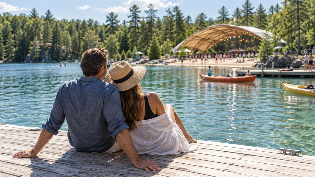 An adult couple in beach casual on a floating dock over a spring-fed lake, kayaks and a sandy beach, a large covered dance dome in the distance