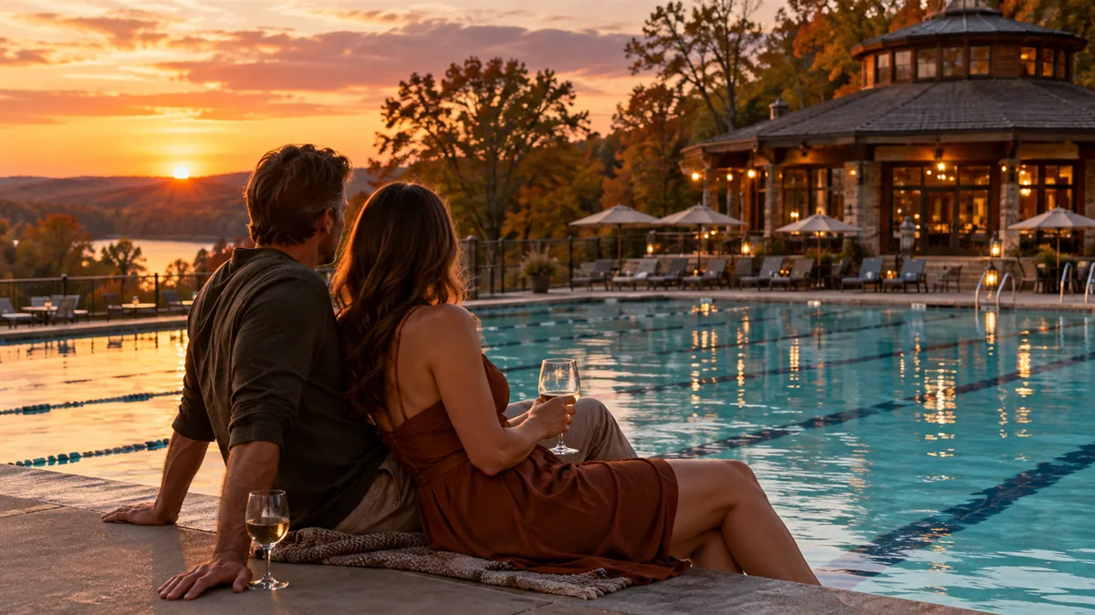 An adult couple in everyday comfortable clothing at the edge of an Olympic-size pool at a wooded camping resort, a big roundhouse lodge behind, Indiana...
