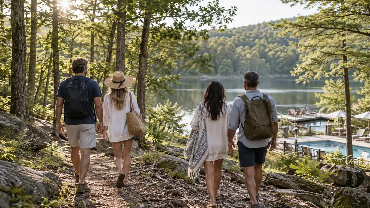 Two adult couples in beach casual walking a forest trail toward a four-acre lake and pool at a private campground, Pocono hardwoods