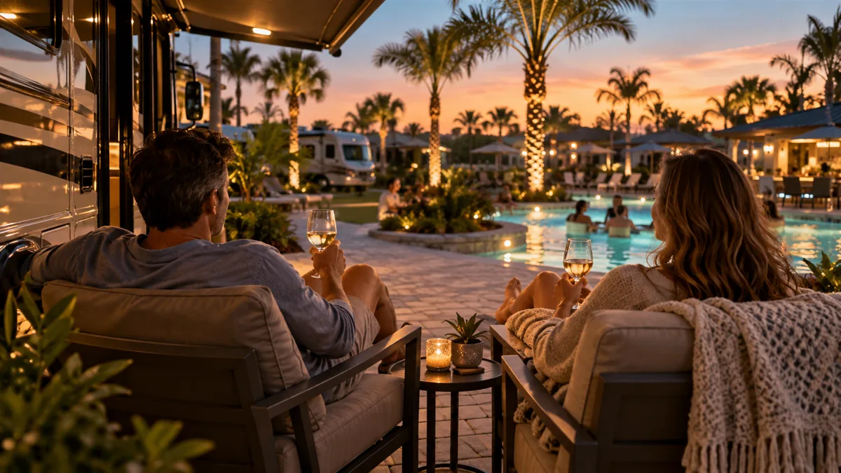 An adult couple in loungewear on the patio of a luxury RV site, a resort-style pool and conversation pool in the background, Florida palms and pavers