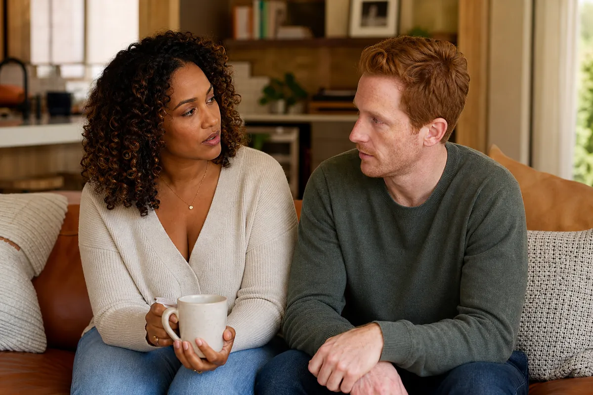 A couple reviews safe sex supplies together, representing building consistent health habits in the swinging lifestyle.