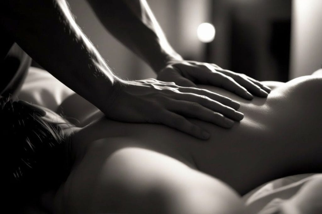 A person receives a back massage from another individual, shown in a dimly lit setting that highlights the use of sensual touch techniques.