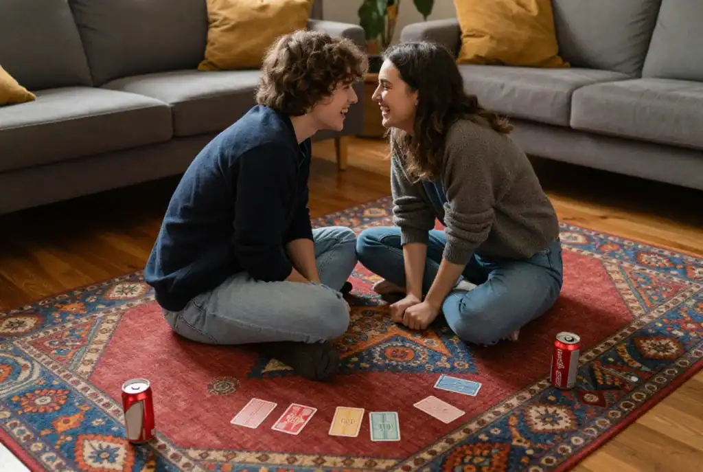 Two people sit cross-legged on a patterned rug, smiling at each other as they play sexy truth or dare for couples, with playing cards and two cans of soda scattered between them.