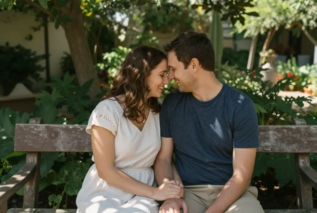 A woman and a man sit closely together on a wooden bench in a garden, smiling and touching foreheads while holding hands, sharing a moment of emotional intimacy.
