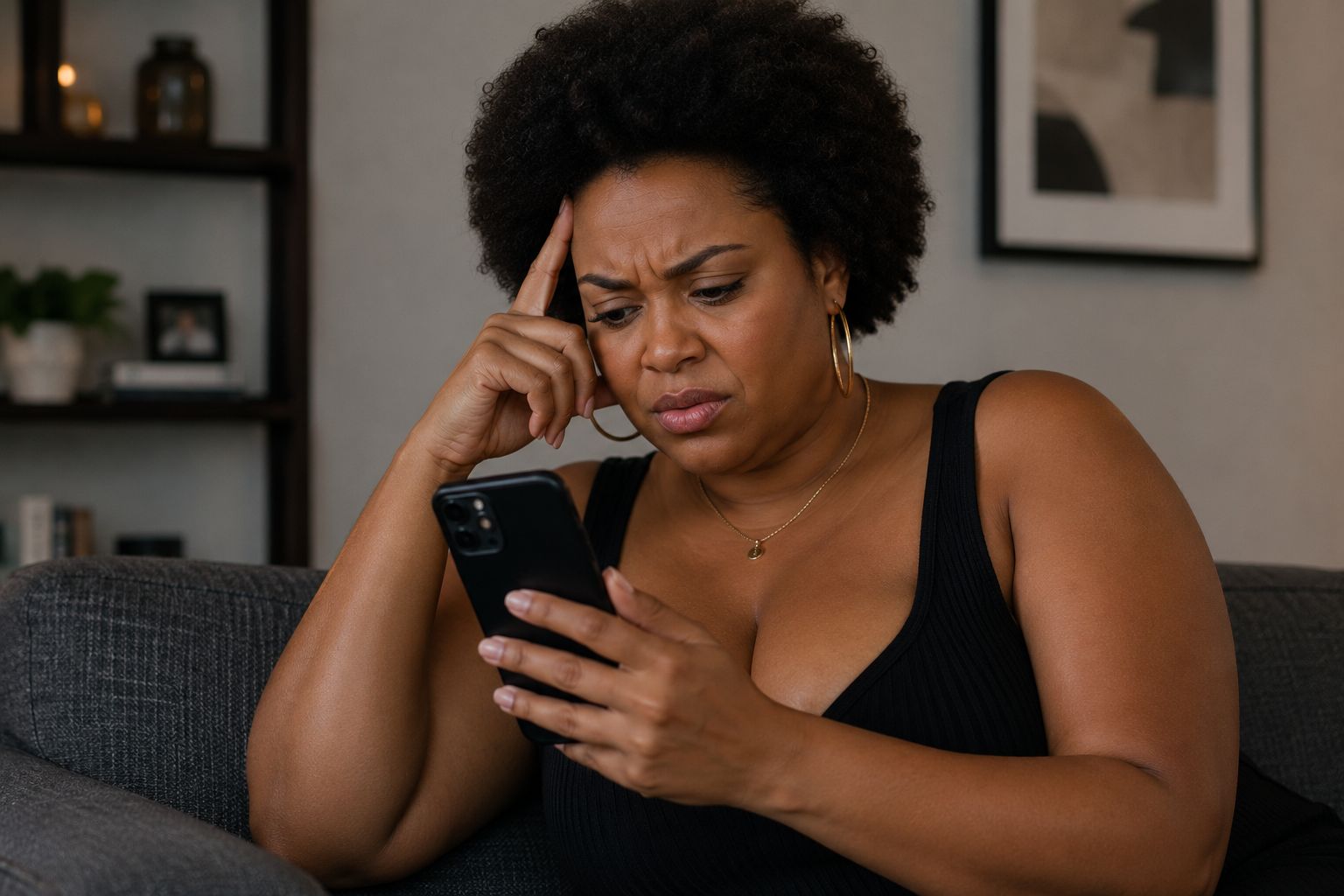 A couple looking at a phone with no responses on a lifestyle dating app, illustrating common swinger app mistakes.