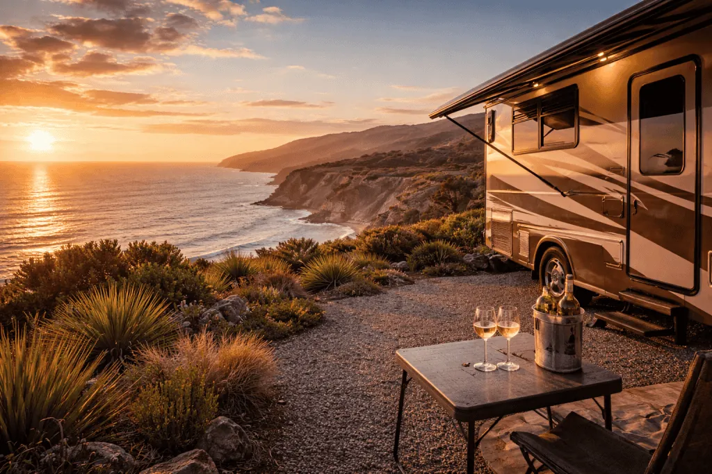 Swinger Campgrounds West Coast. A camper van is parked by a coastal cliff at sunset, with two glasses of wine and an ice bucket on a table-perfect for couples enjoying adult RV resort California experiences and ocean views.