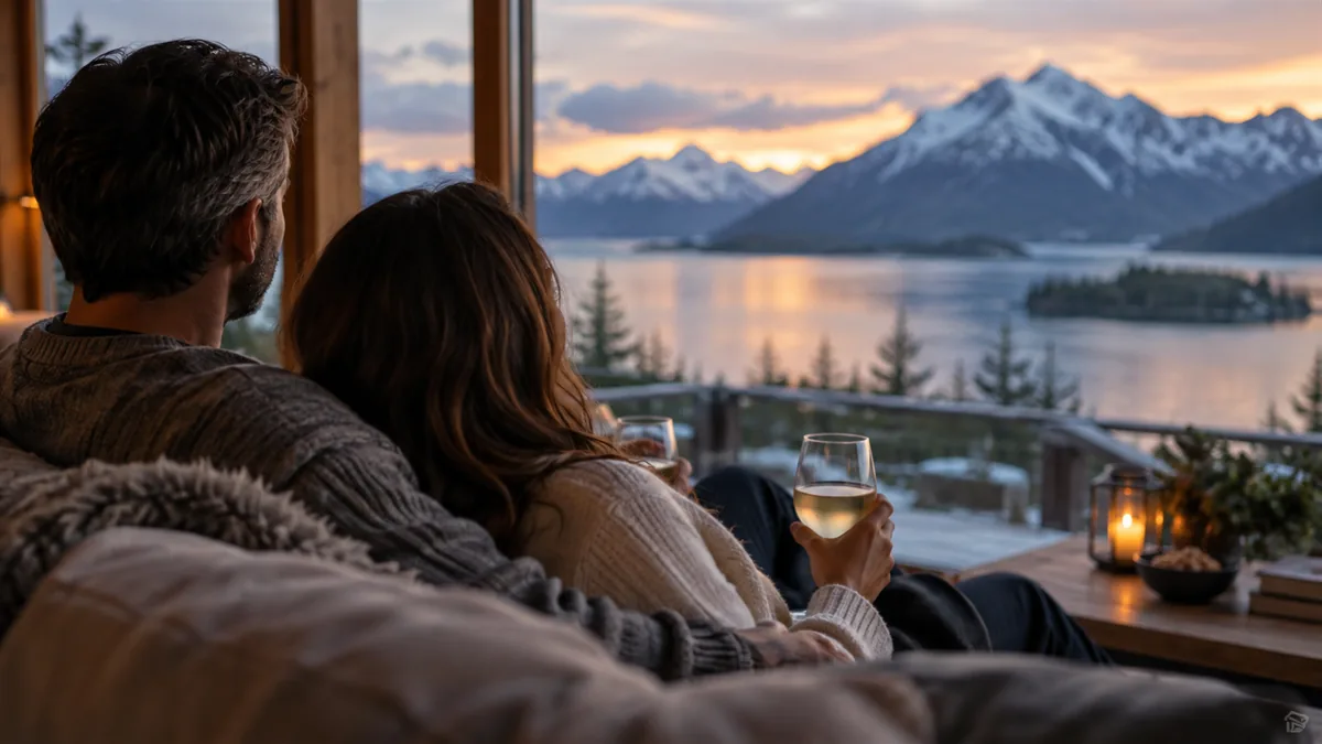 A well-dressed adult couple arriving for or relaxing before a lifestyle evening, set in a long summer twilight with mountains and water behind a cabin window