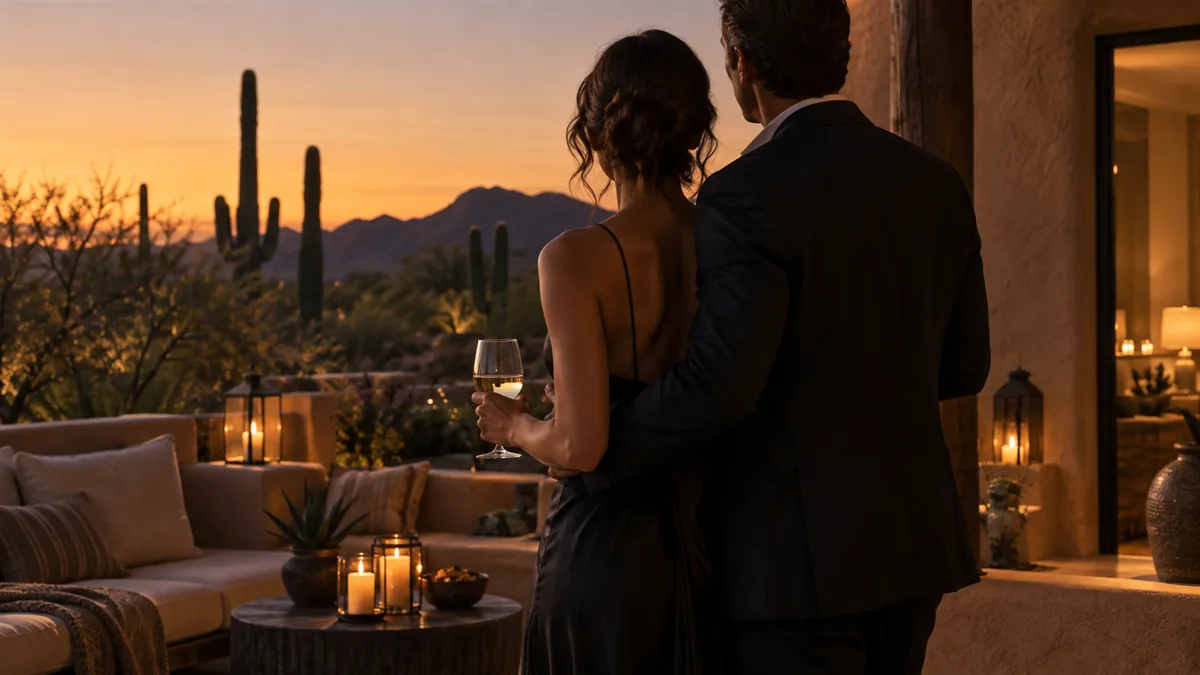 A well-dressed adult couple arriving for or relaxing before a lifestyle evening, set in a desert resort patio at dusk with saguaro silhouettes and warm stucco