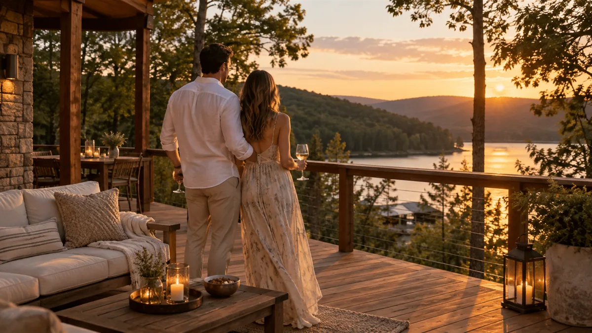 A well-dressed adult couple arriving for or relaxing before a lifestyle evening, set in a wooded Ozark lake house deck at golden hour